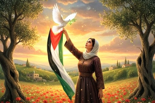 Un'immagine che ritrae una giovane donna di Gaza, mentre una colomba bianca in volo regge la bandiera palestinese